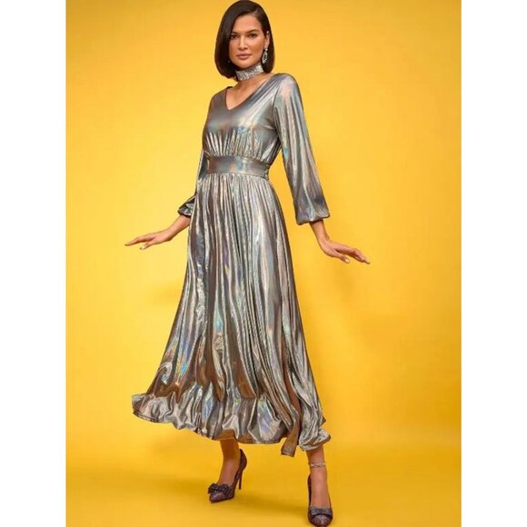 New York & Company Dresses & Skirts - NWT New York Co Metallic Maxi Dress Iridescent Silver Balloon Sleeve Party XS
